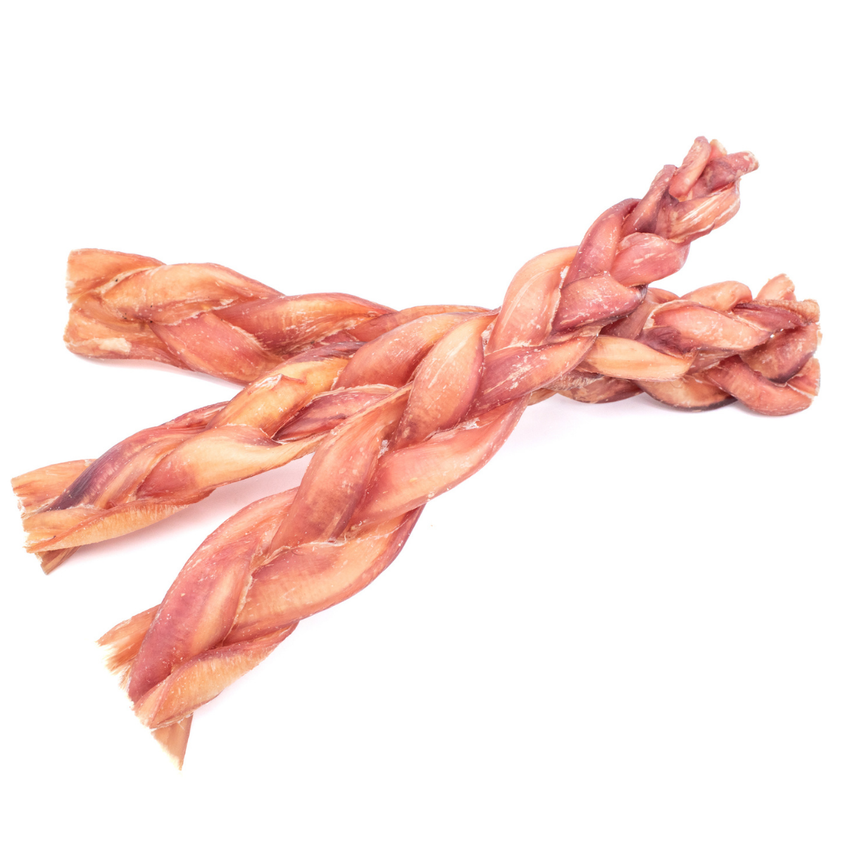 Three jumbo braided bully stick dog treats from Bully Bunches.