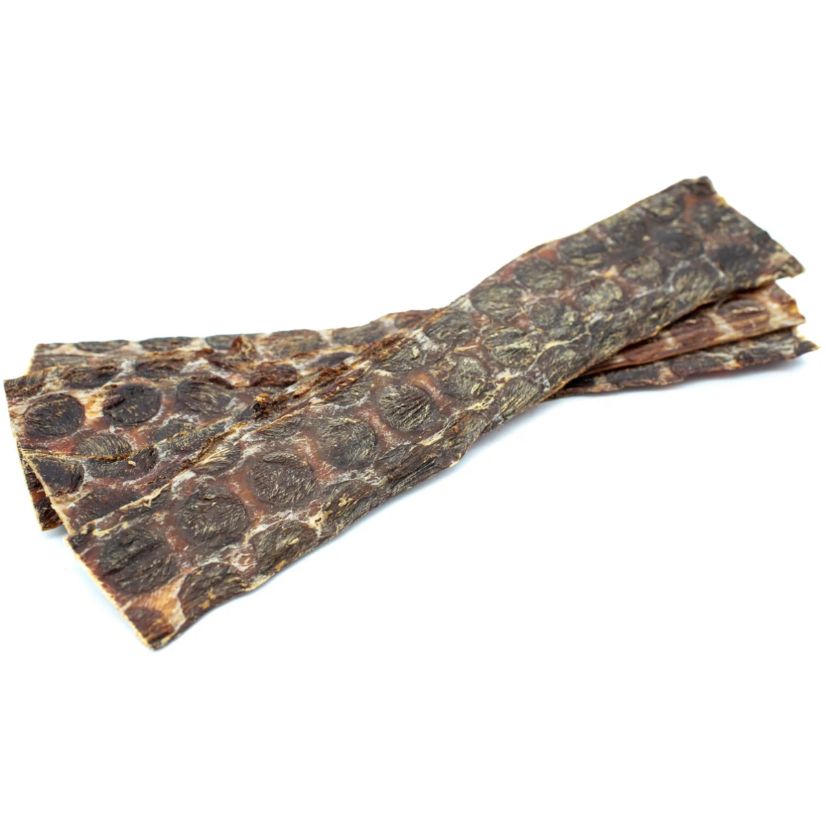 Three 12 beef jerky strip dog treats from Bully Bunches.