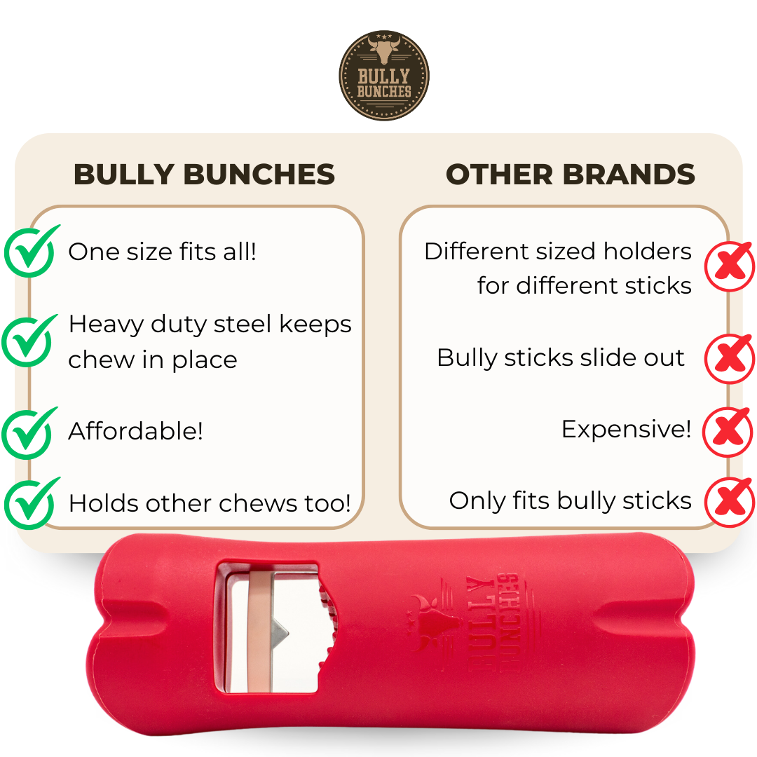 An infographic featuring the bully stick safety holder from Bully Bunches.