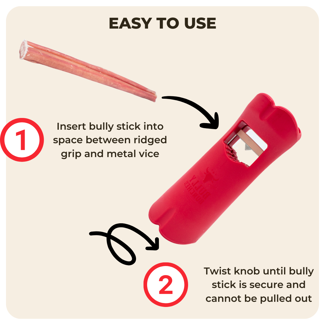 An infographic showing how to use the bully stick safety holder from Bully Bunches.