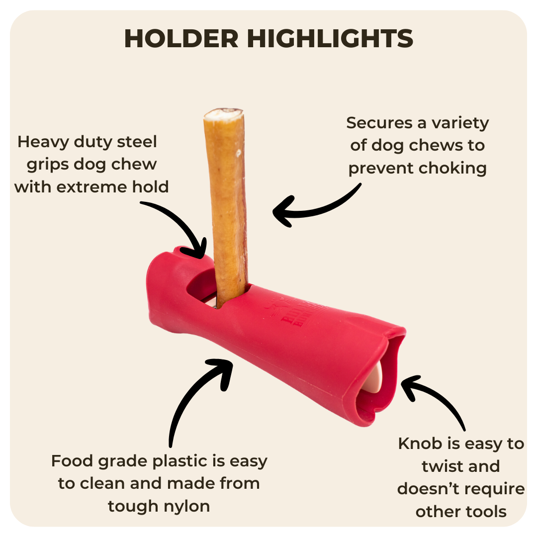 A detailed infographic showing how to use the bully stick safety holder from Bully Bunches.