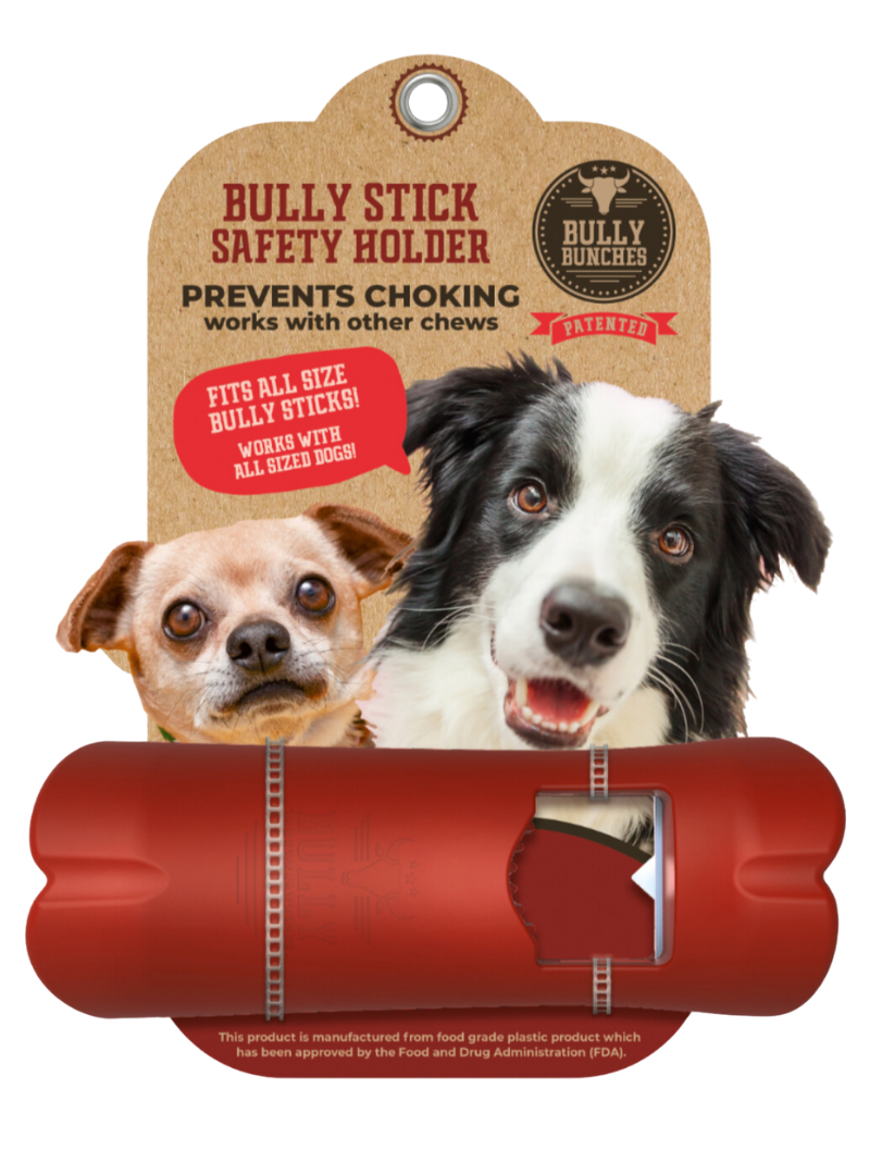 A dog chew safety holder for bully sticks, yak chews, collagen chews, and other dog chews from Bully Bunches.
