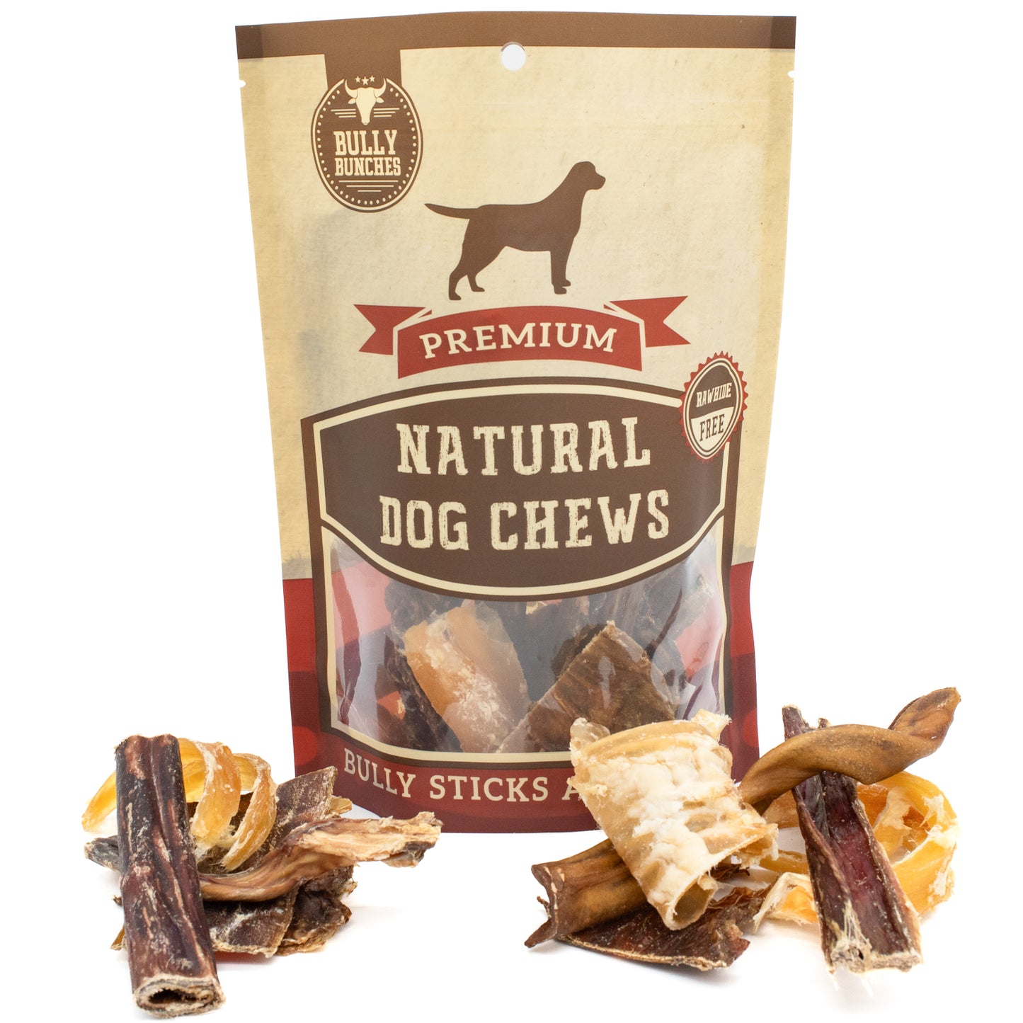 Bag of Bully Bunches trail mix of natural dog chews.