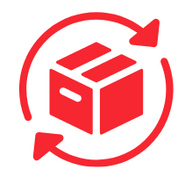 Red packaging icon with arrows pointing in a circle.