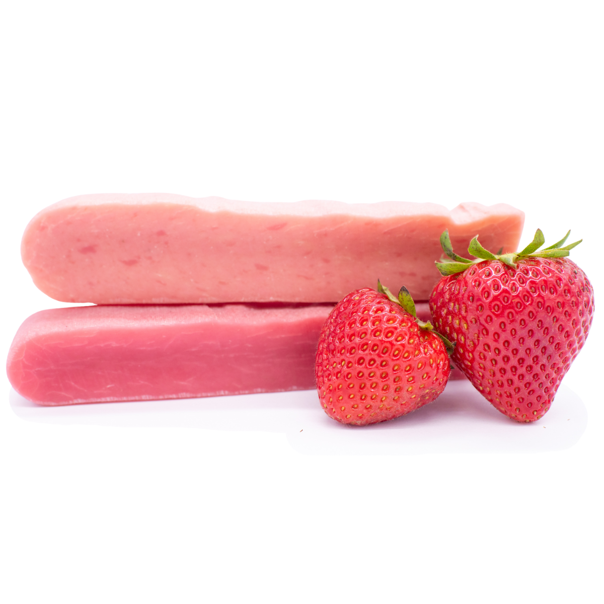 Two strawberries with two medium strawberry himalayan yak chews.