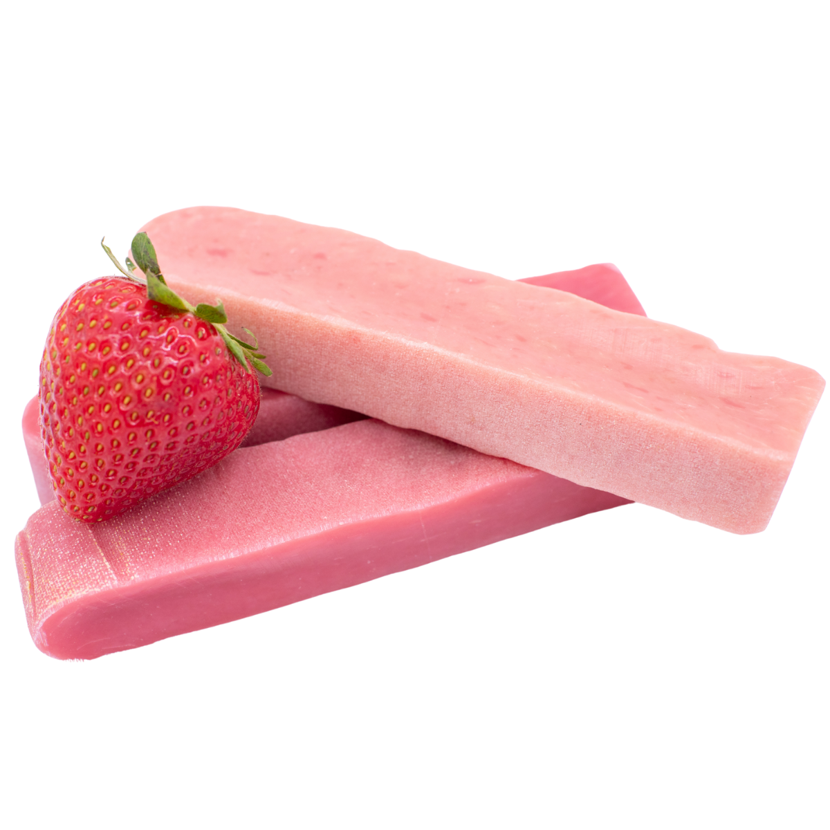 A large strawberry with three medium strawberry himalayan yak chews.