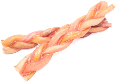 Two 6 inch thin braided bully stick dog treats from Bully Bunches.