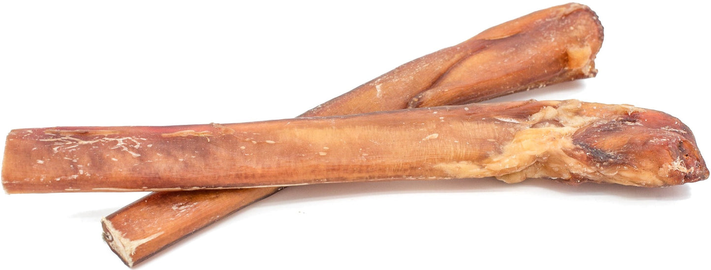 Two 12 inch mega bully stick limited dog treats from Bully Bunches.