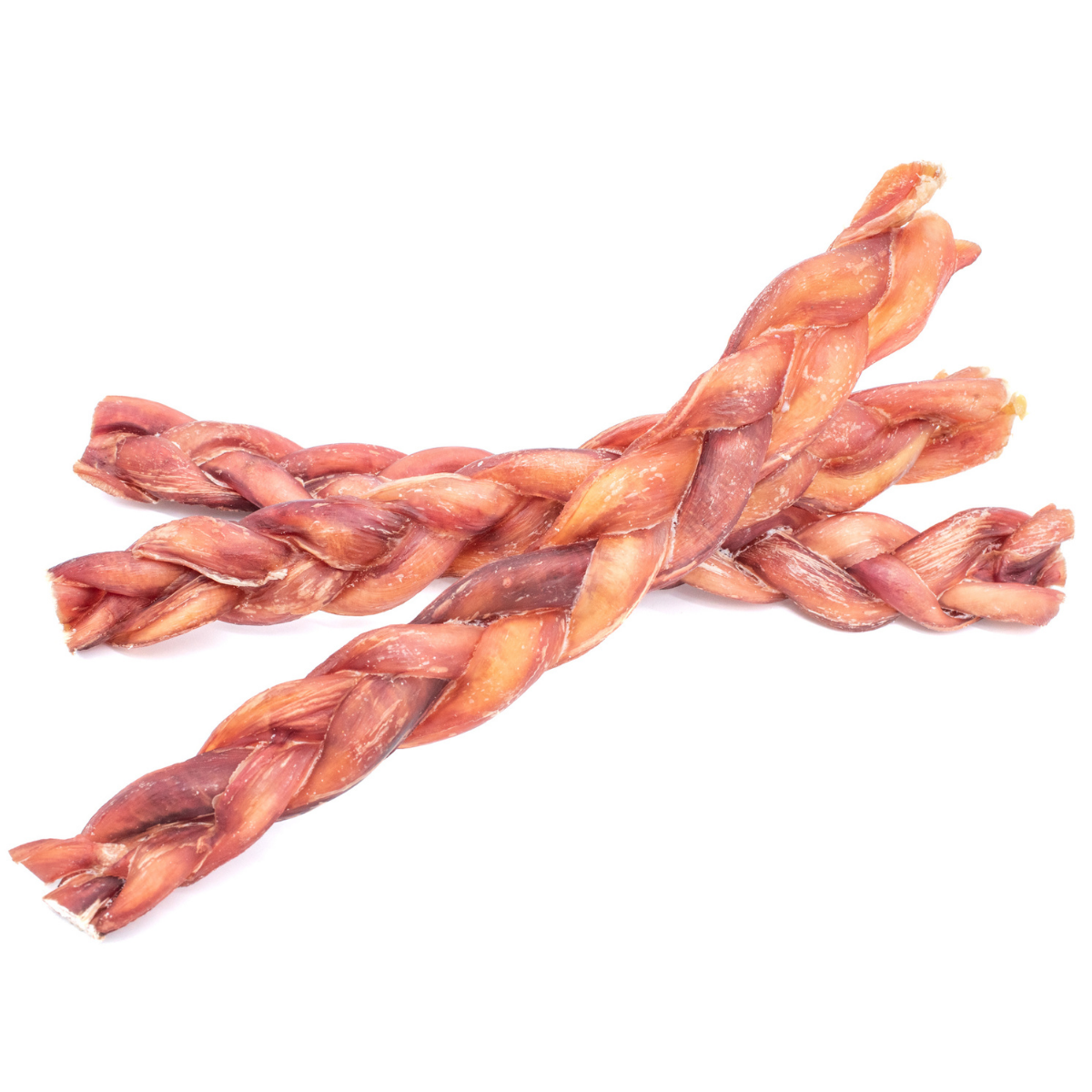 Three thick braided bully stick dog treats from Bully Bunches.