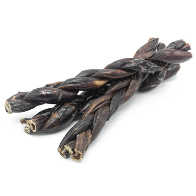 Three 12 inch braided jerky stick dog treats from Bully Bunches