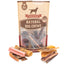 Assorted premium dog treats inside of Bully Bunches' puppy pack frontal view and strawberry yak chew.