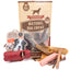 Assorted premium dog treats inside of Bully Bunches' puppy pack frontal view and strawberry yak chew and bully stick holder.