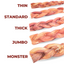Comparison of bully stick sizes in thin, standard, thick, jumbo, and monster.